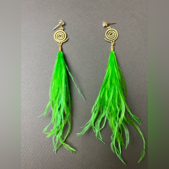 Long Dangle Green Feather Hippie Chic Earrings - Vibrant Whimsical Earrings - Picture 17 of 17